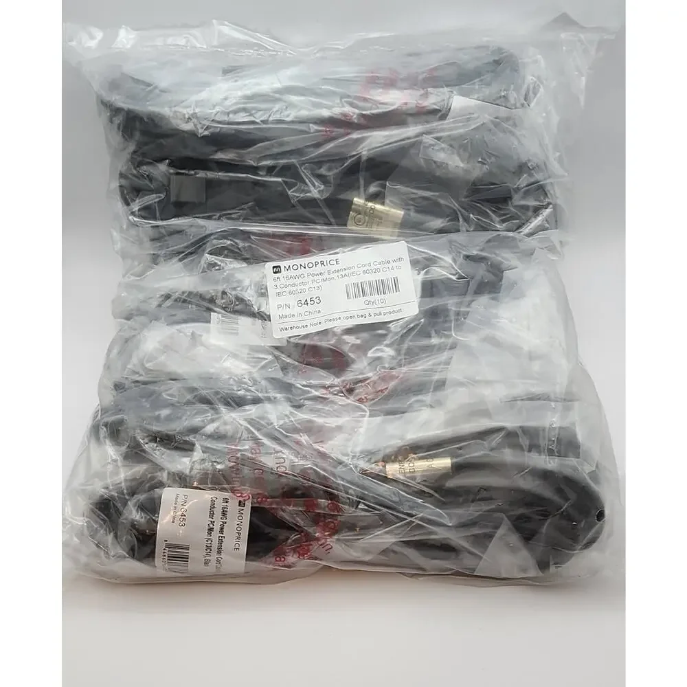 Lot 10 - Monoprice 6453 6 Ft. - Power Extension Cable - 3 Conductor - PC-Monitor